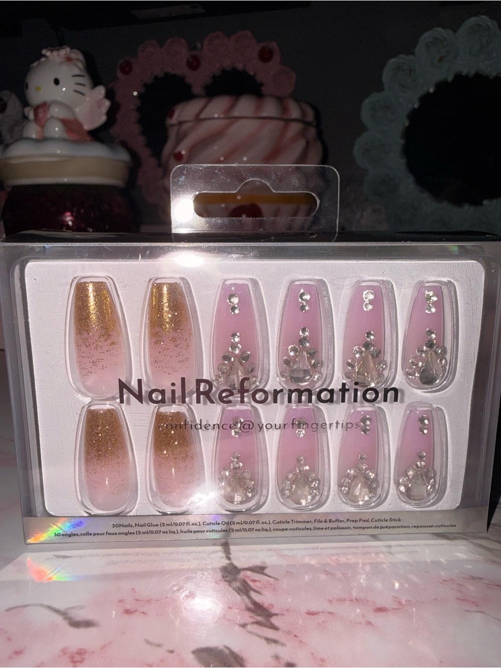 Nail Reformation Pink & Gold Press-On Nail Set with Rhinestones